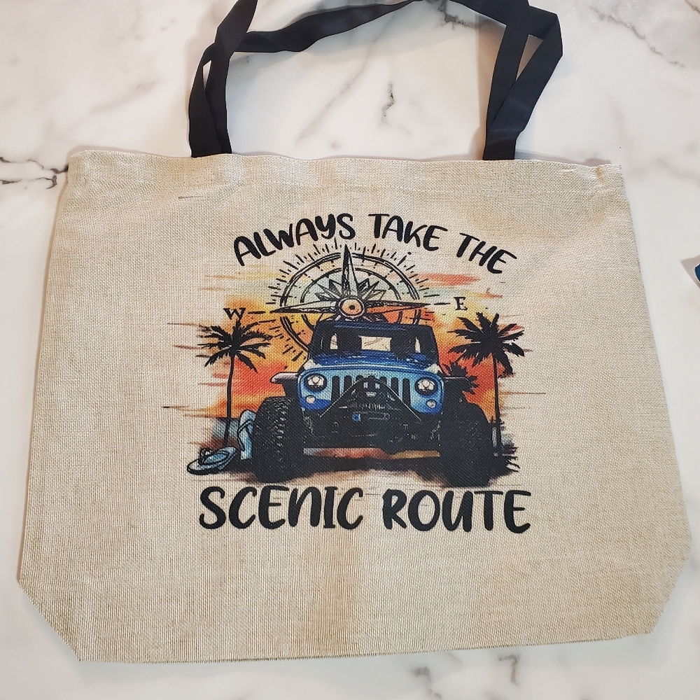 Always Take the Scenic Route Burlap Tote Bag